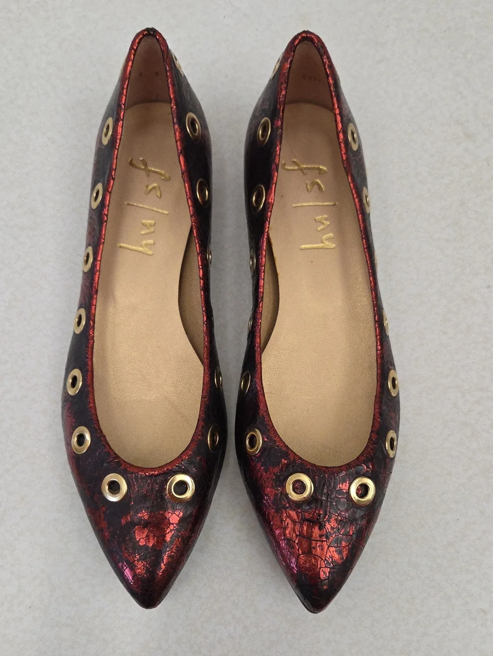 French Sole NY Red Metallic Gold Grommet Ballet Flats, 6B